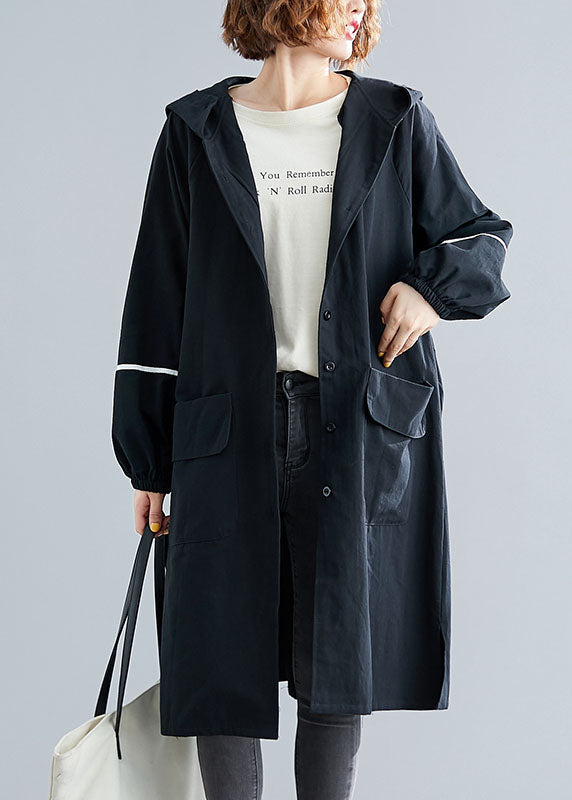 Classy Black Button Pockets Loose Fall Long Sleeve Hooded Coat