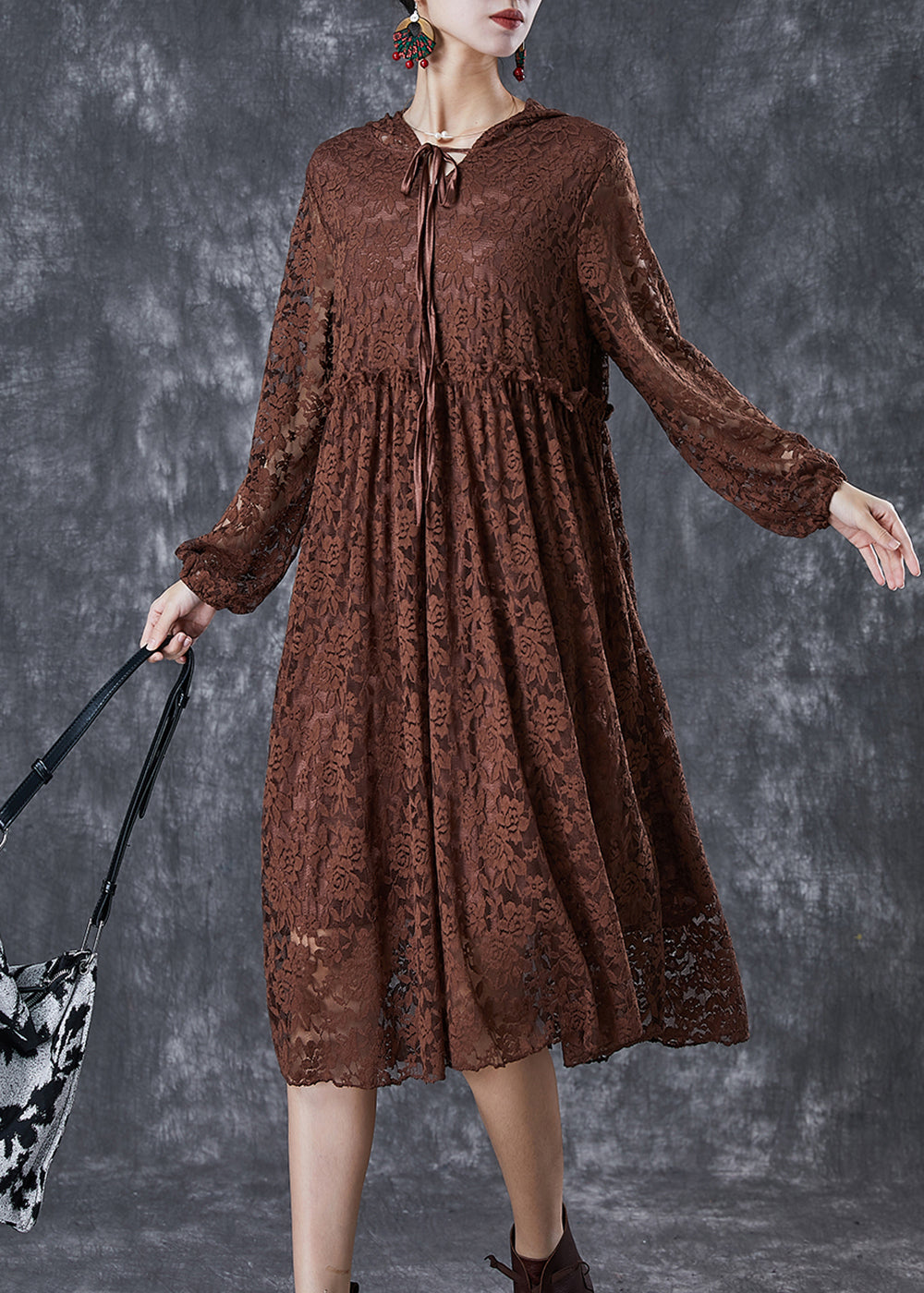 Chocolate Ruffled Hollow Out Lace Long Dresses Fall