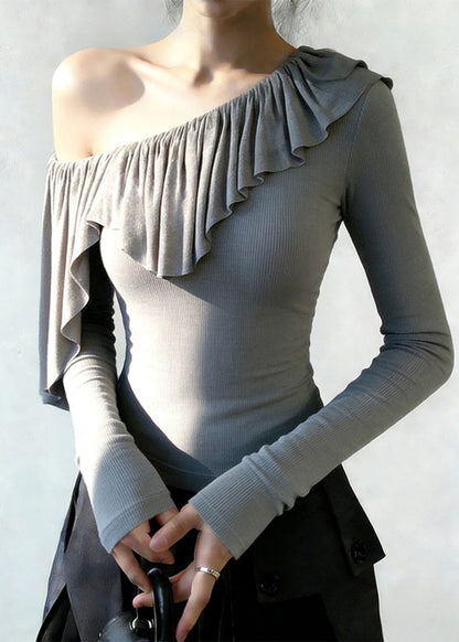 Grey One Shoulder Ruffles Cotton Top Spring