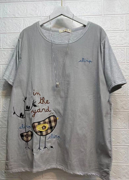 Army Green O Neck Embroideried Patchwork Cotton T Shirt Summer