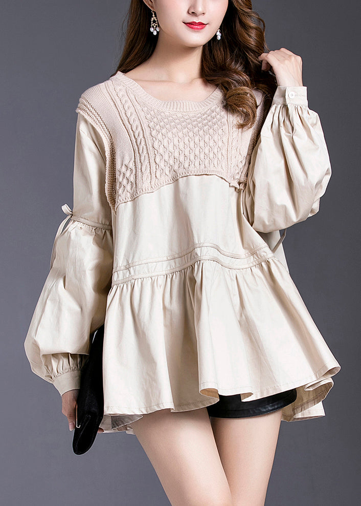 Beige Knit Patchwork Cotton Top Lantern Sleeve