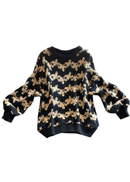 Vertical Striped O-neck Patchwork Nail Bead Woolen Sweatshirts Long Sleeve
