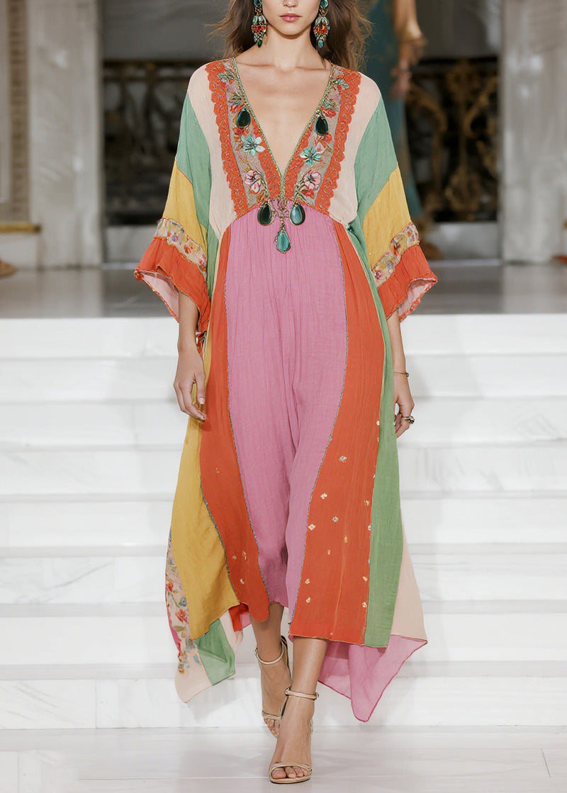Loose Colorblock V Neck Cotton Dress Summer