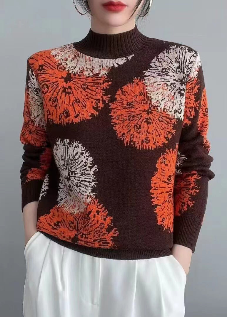 Coffee Print Patchwork Cozy Knit Top Long Sleeve