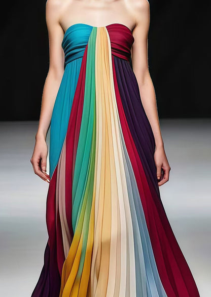 Multicolor Bustier Top Backless Chiffon Full Pleated Dress Summer