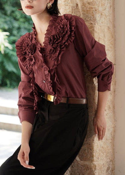 Coffee V Neck Ruffled Button Cotton Shirt Fall