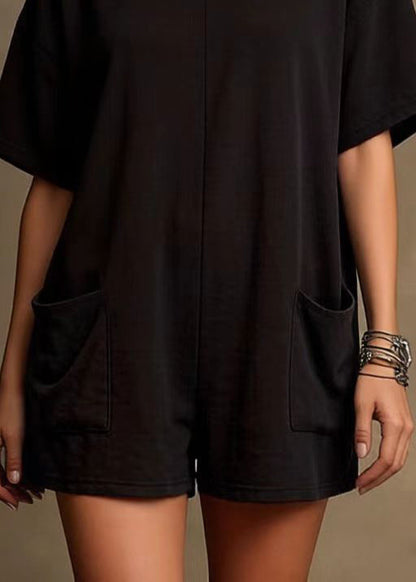 Style Black Oversized With Pockets Cotton Shorts Jumpsuits Summer