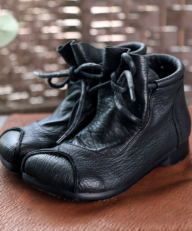 Chocolate Cowhide Leather Splicing Lace Up Ankle Boots