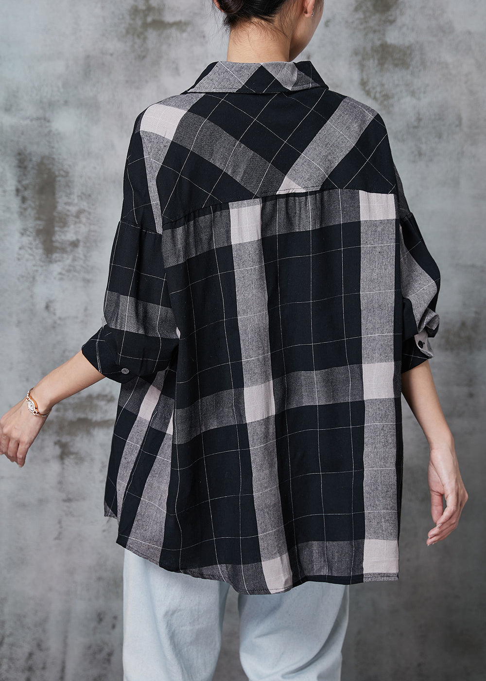 Black Oversized Plaid Cotton Shirt Tops Spring