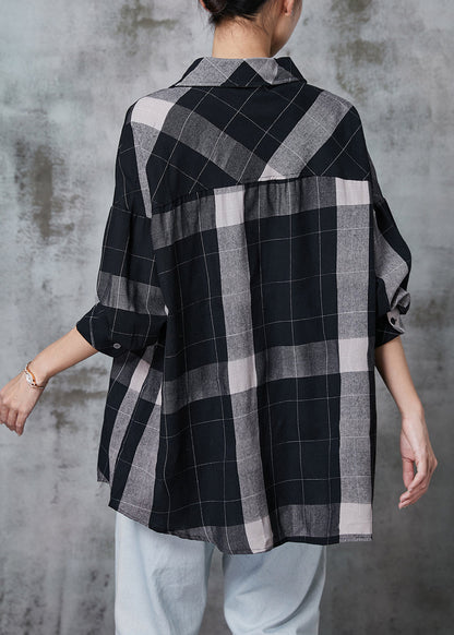 Black Oversized Plaid Cotton Shirt Tops Spring