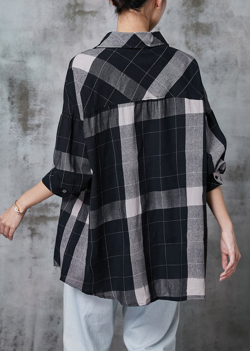 Black Oversized Plaid Cotton Shirt Tops Spring