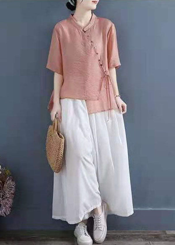Pink Tie Waist Blouse Tops Half Sleeve