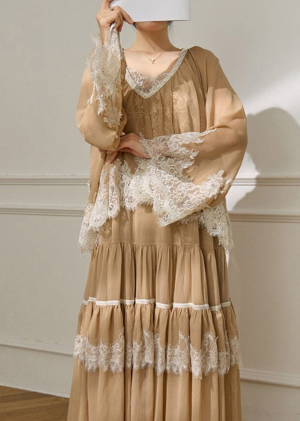 French Apricot Lace Patchwork Top and Maxi Skirts Two Pieces Set Flare Sleeve