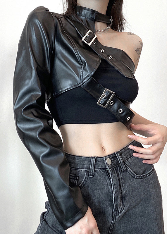 Black Asymmetrical Original Design Faux Leather Coats Spring