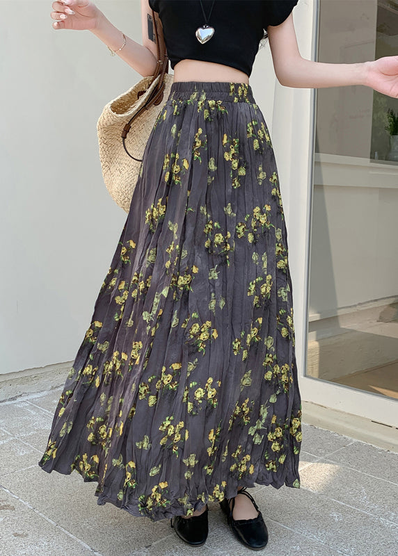 Print Wrinkled Elastic Waist Cotton Skirt Fall