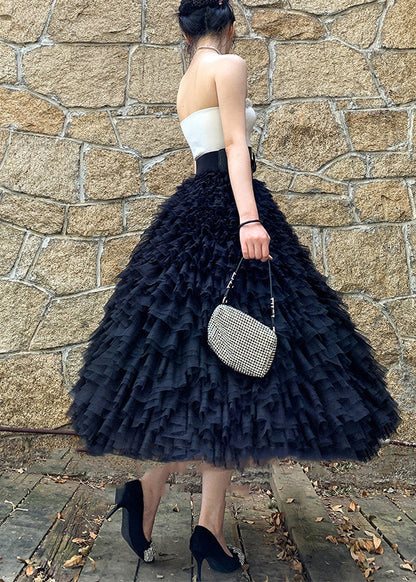 Black High Waist Patchwork Tulle Skirts Spring