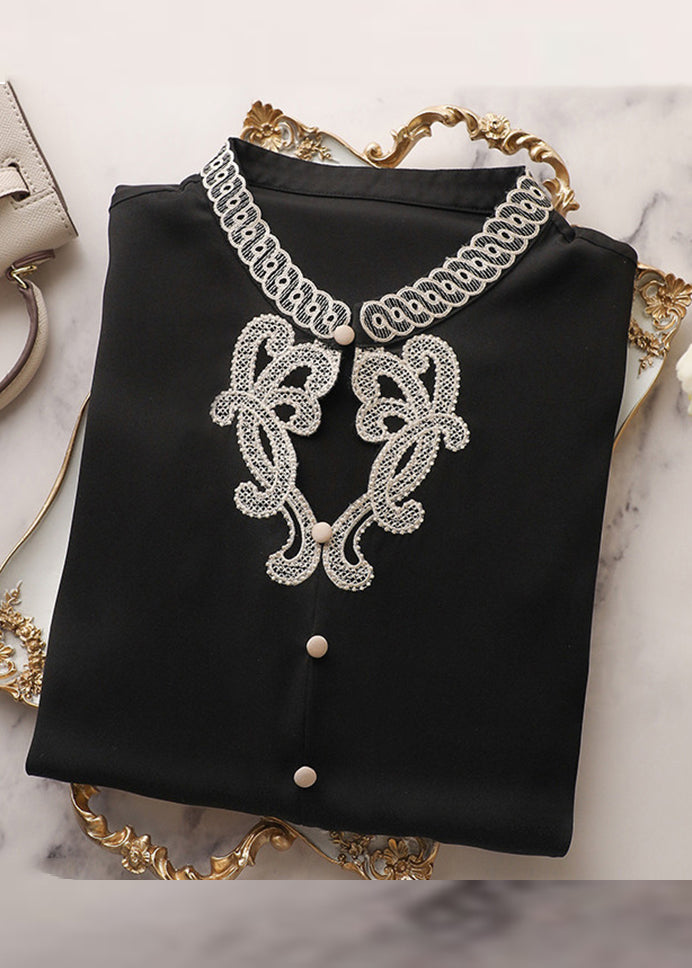 Black Embroideried Button Silk Shirts Long Sleeve