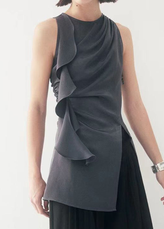 Original Grey O-neck Ruffled Patchwork Side Open Top Sleeveless