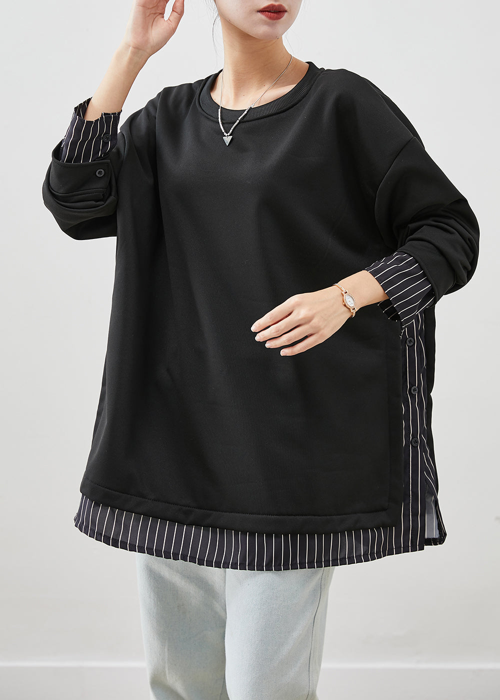 Black Oversized Patchwork Striped Cotton Sweatshirt Fall