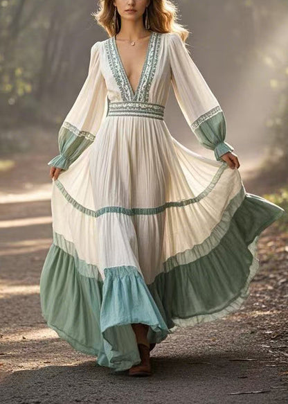 Style White Deep-v Neck Patchwork Exra Large Hem Party Dresses Spring