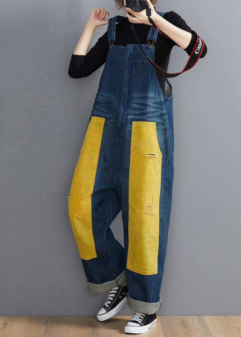 French Denim Blue Jeans Spring Patchwork Jumpsuit Pants