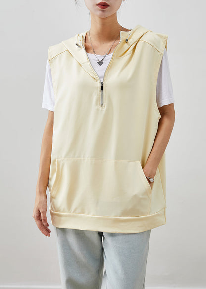 Beige Hooded Pockets Cotton Vest Fall