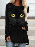 Black Cat Face Print A Line T Shirt elevenforest