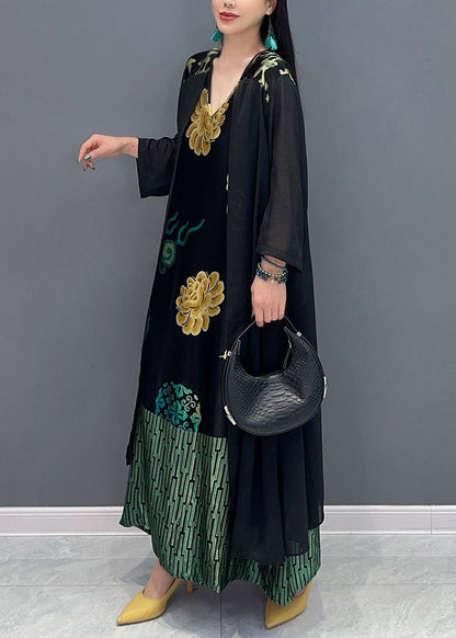 Loose Black V Neck Fake Two Piece Printed Dress for Summer