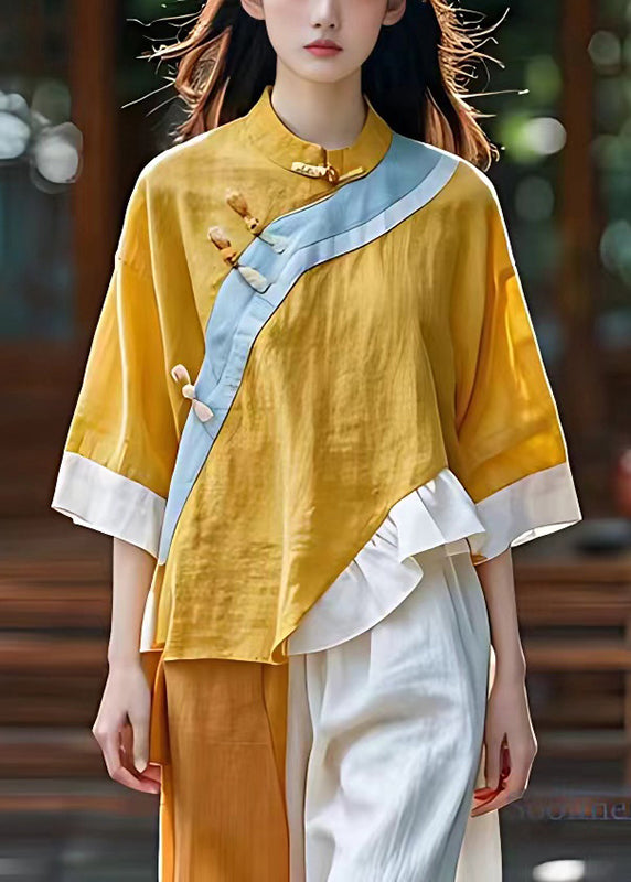 Yellow Asymmetrical Patchwork Linen Oriental Top Summer
