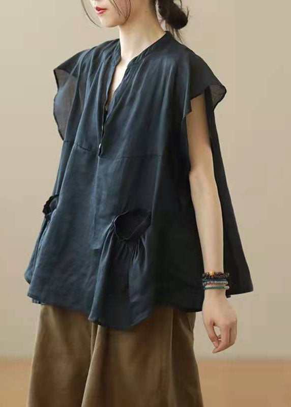 Black V Neck Patchwork Fall Shirt Top Short Sleeve