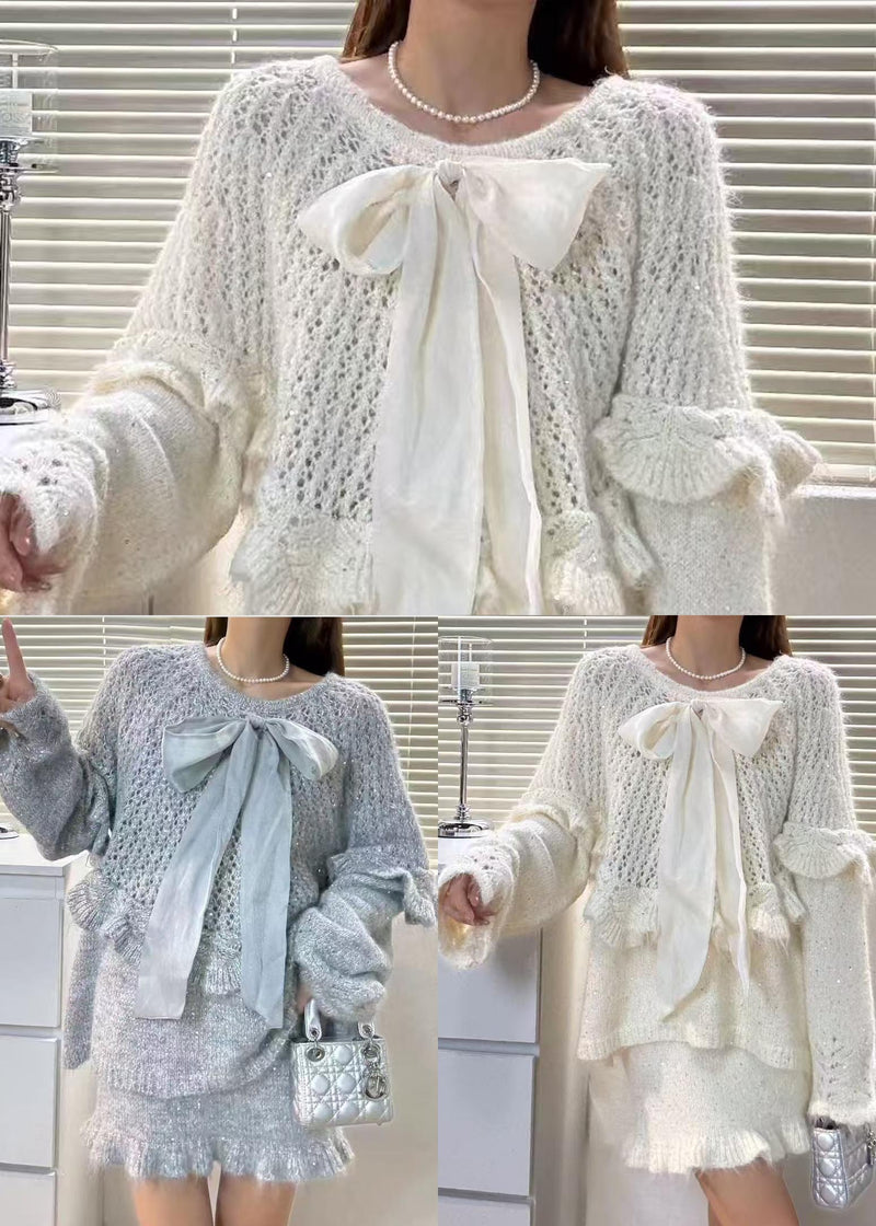 Sky Blue Ruffles Hollow Out Knit Two Piece Suit Set Fall