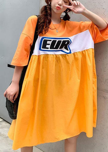 Orange White Patchwork Yellow O-neck Summer Graphic Half Sleeve Long Dresses