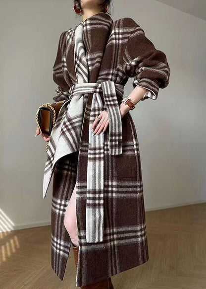 Unique Plaid Tie Waist Patchwork Wear on Both Sides Woolen Coats Fall