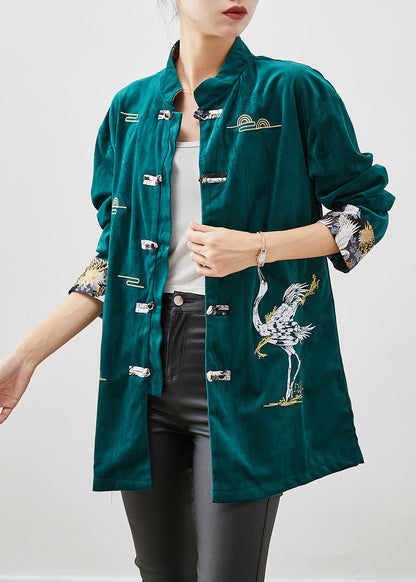 Blackish Green Silk Velour Jackets Embroideried Chinese Button Fall
