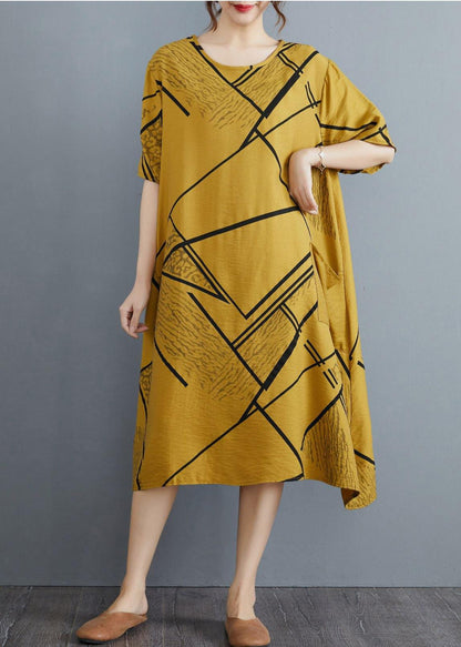 Yellow Print Pockets Cotton Linen Long Summer Dress