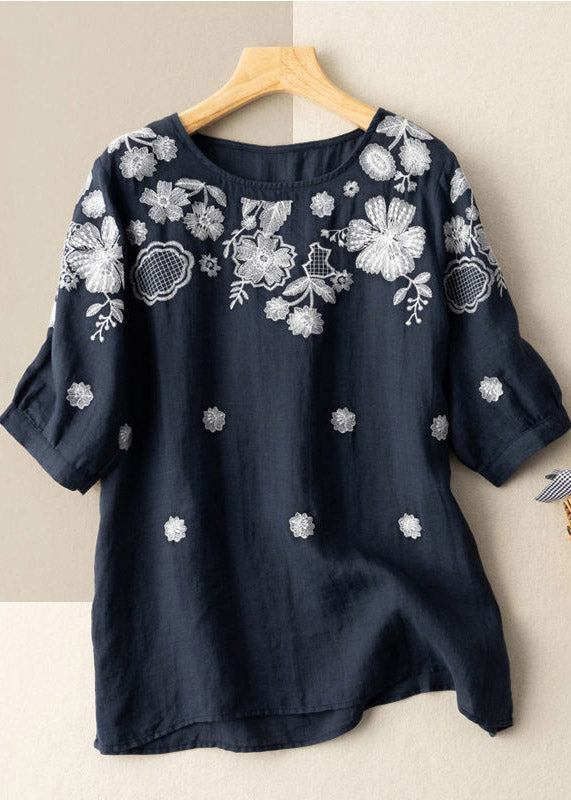 Boutique Navy O-neck Embroideried Cotton Shirt Short Sleeve