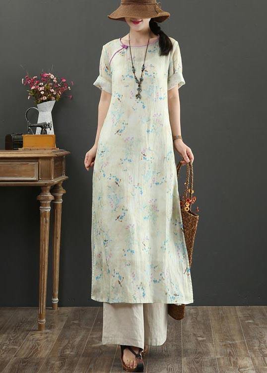 Boutique Khaki Print Side Open Vacation Summer Linen Dress