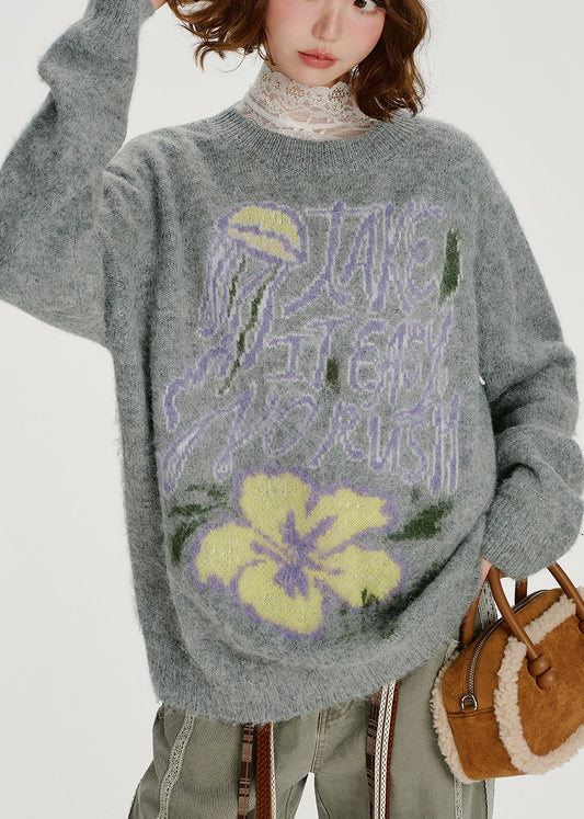 Loose Grey O Neck Thick Jacquard Knit Sweater Tops Spring