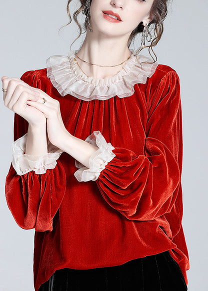 Mulberry O-neck Velour Tops Long Sleeve