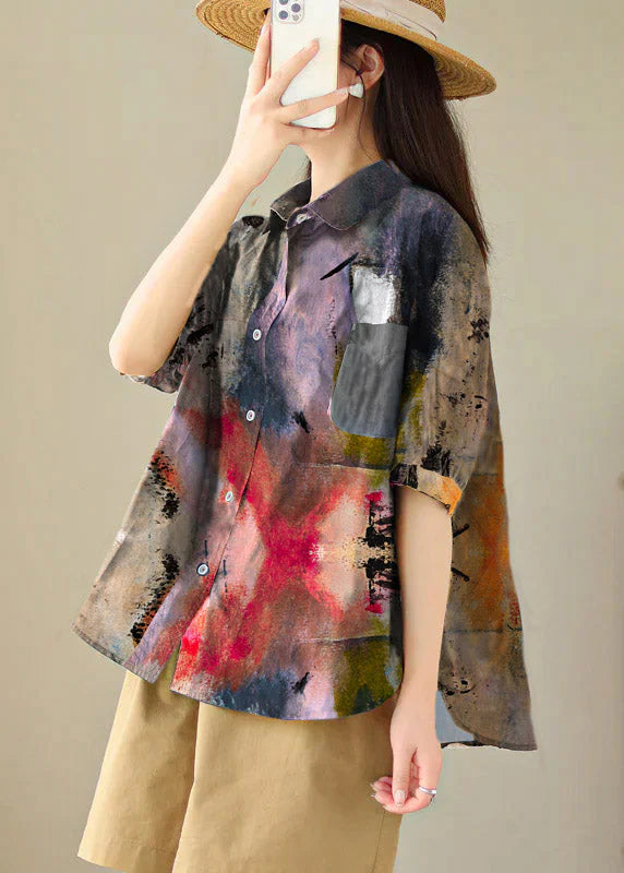 Yellow Stripes Peter Pan Collar Print Cotton Shirt Tops Summer