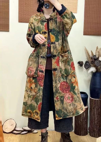 Green Pockets Print Chinese Button Fine Cotton Filled Coat Winter