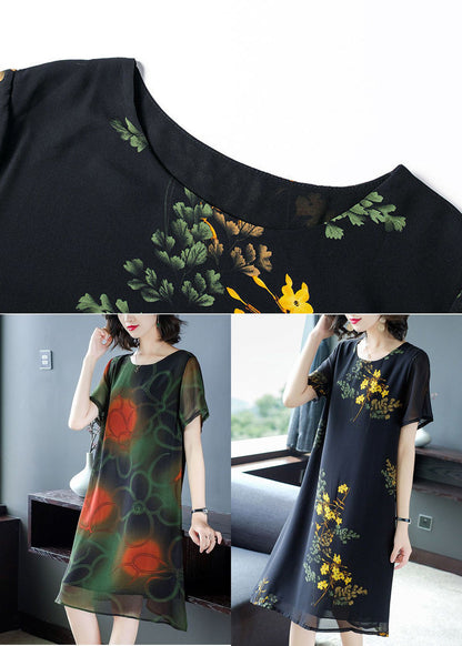 Modern Black O-neck Print Draping Chiffon Maxi Dresses Summer