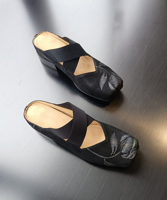 Retro Splicing Chunky Black Cowhide Leather Embossed Slide Sandals