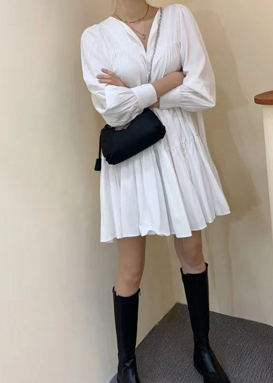 White V Neck Patchwork Wrinkled Cotton Dress Long Sleeve