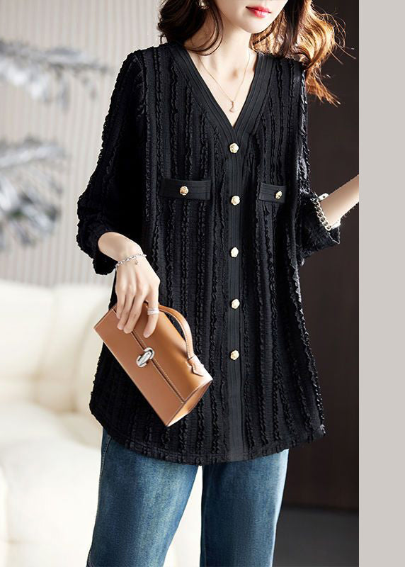 Beige V Neck Wrinkled Pockets Cotton T Shirt Long Sleeve
