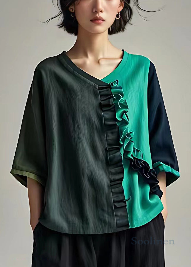 Dark Gray Ruffled Patchwork Cotton Tops Bracelet Sleeve