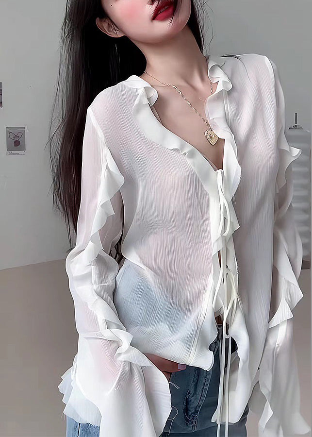 Natural White V Neck Ruffled Chiffon Shirt Fall