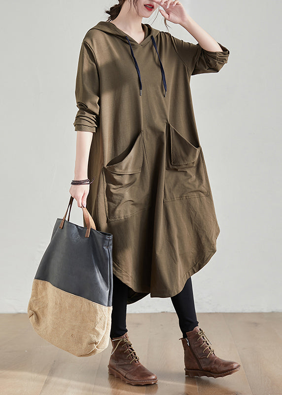 Khaki Hooded Pockets Patchwork Cotton Dress Fall