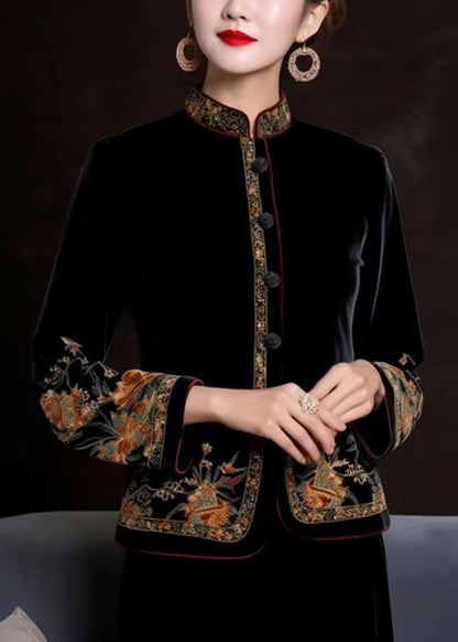 Black Embroideried Button Silk Coats Long Sleeve