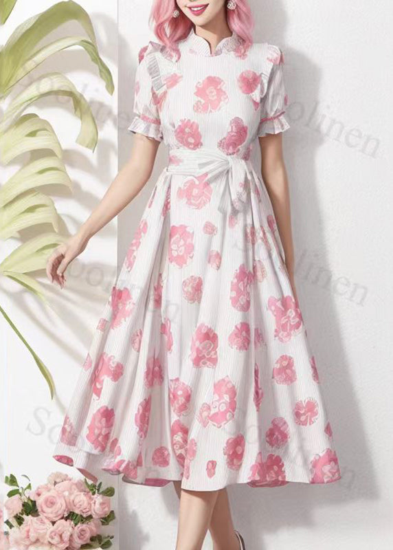 Pink Stand Colla Print Tie Waist Silk Dress Summer